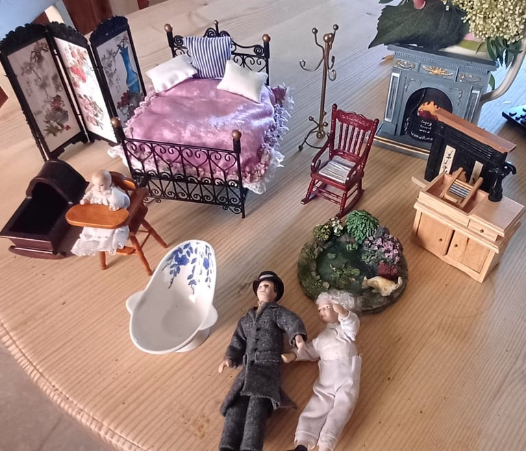 image for Dolls house victorian? Bundle double bedstead, porcelain dolls, highchair etc