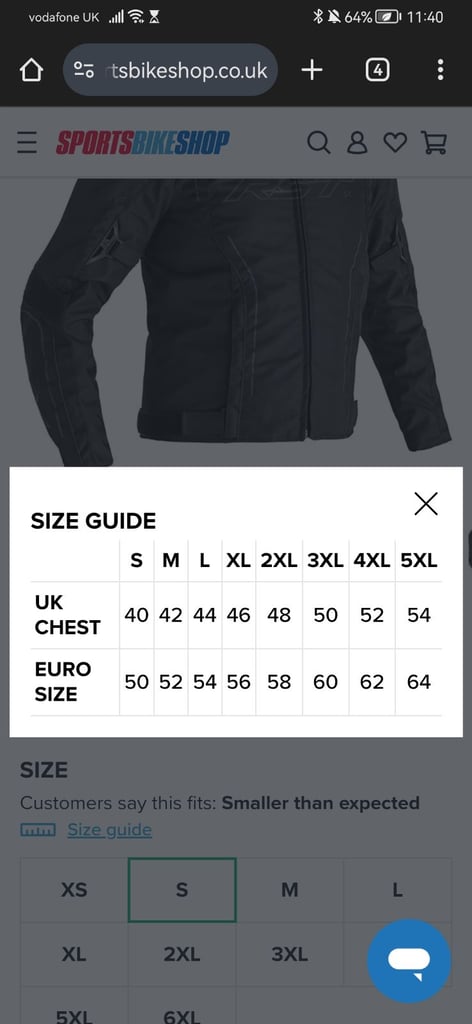 Men's Small Motorbike Jacket RST S-1 CE Textile Jacket - Black