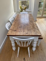 Beautiful Rustic Wood Farmhouse Dining Table, Bench & Chairs