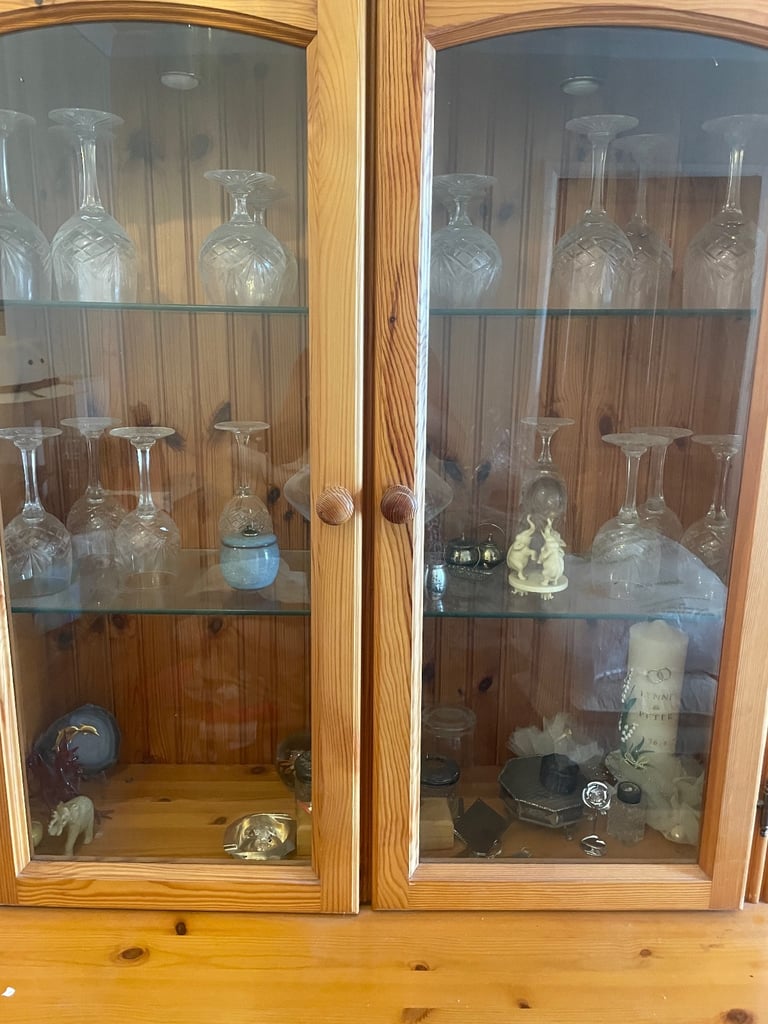 solid pine vintage 2 drawer and door dresser with a glass display unit with lights