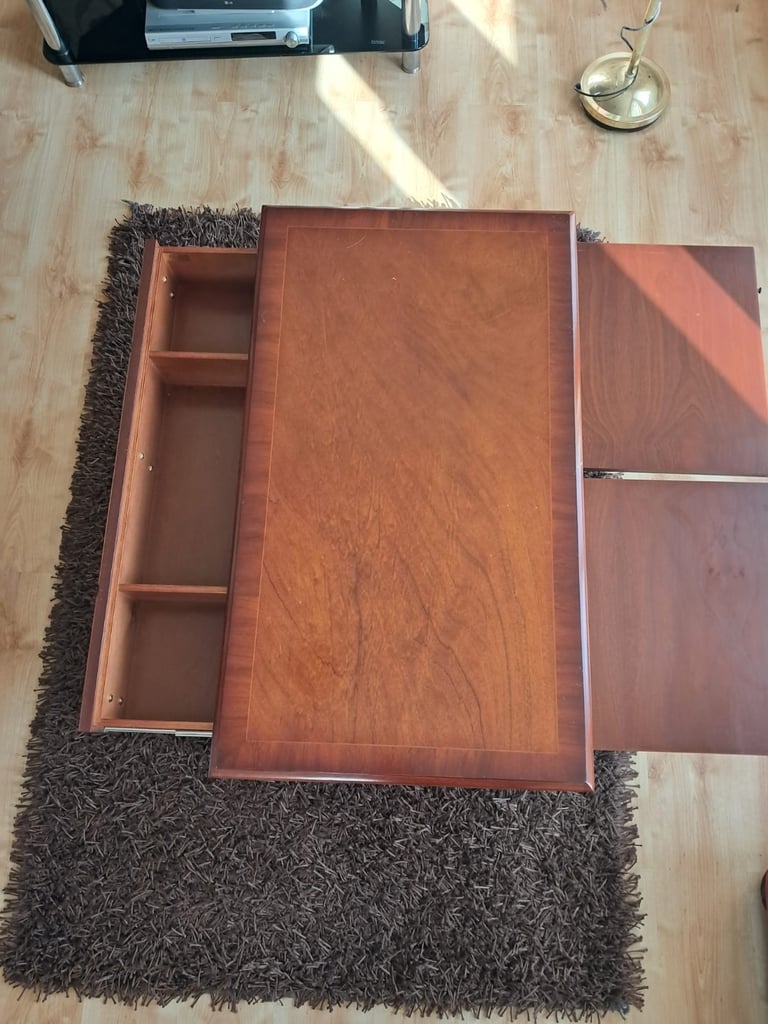 Bradley Furniture Burr Yew Wood Two Drawer Coffee Table + Butlers Serving Trays