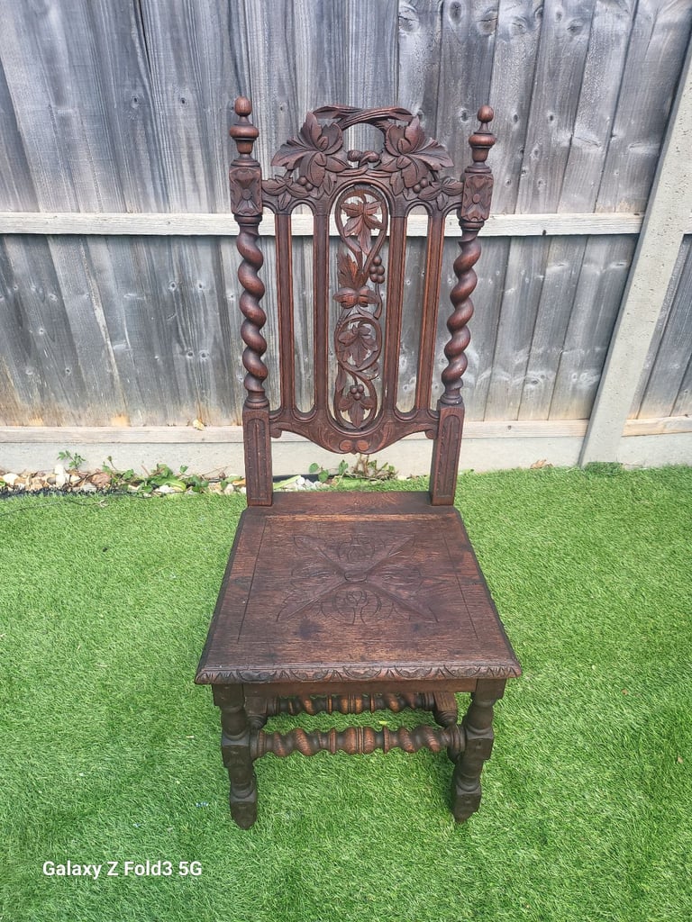 Antique Victorian High Back Heavily Carved Barley Twist Oak Chair Furniture