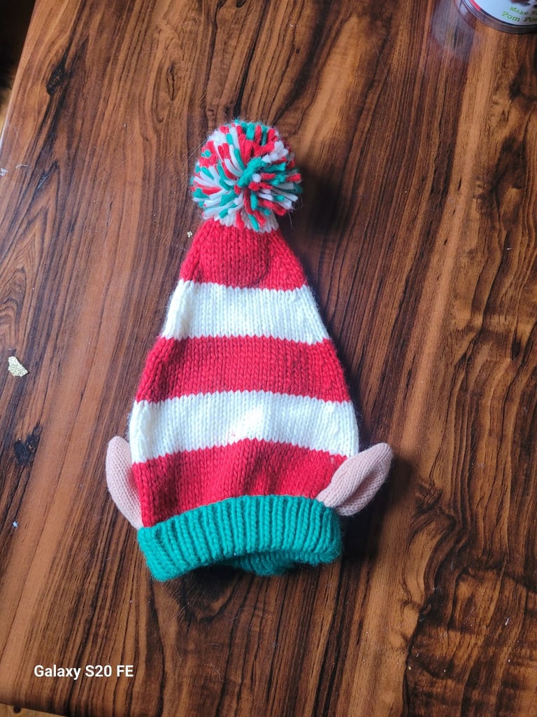 image for F&F Knitted Christmas Elf Hat - One Size with Ears & Pom Pom - Red, White & Green 