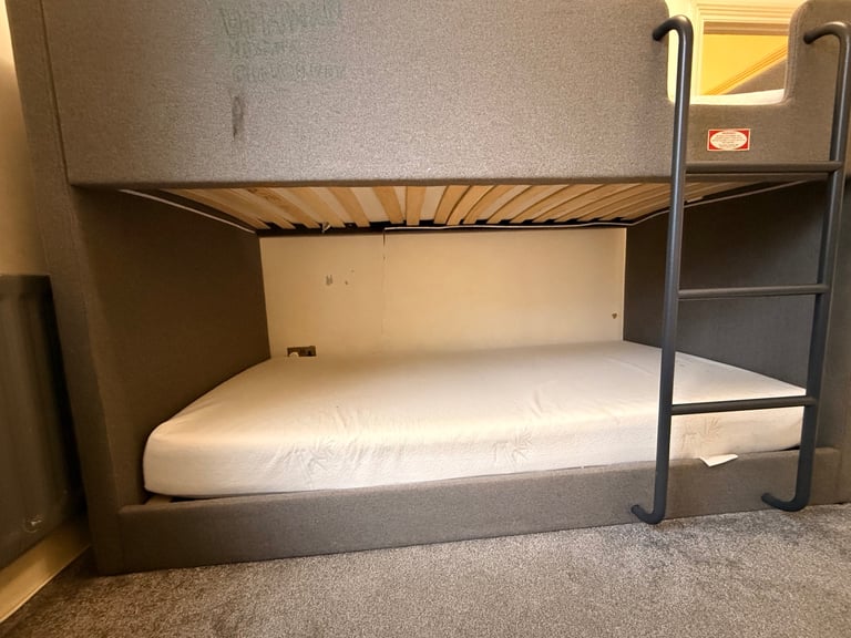 Grey Upholstered Bunk Bed with Mattresses – Quick Sale