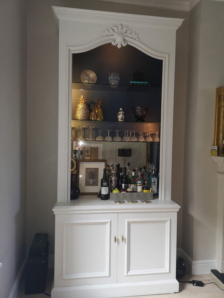 image for Pair of tall wood cabinets with adjustable glass shelves