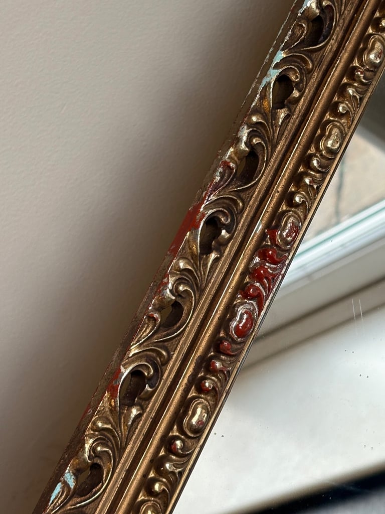 Large gold ornate vintage wooden mirror 33” x 21”