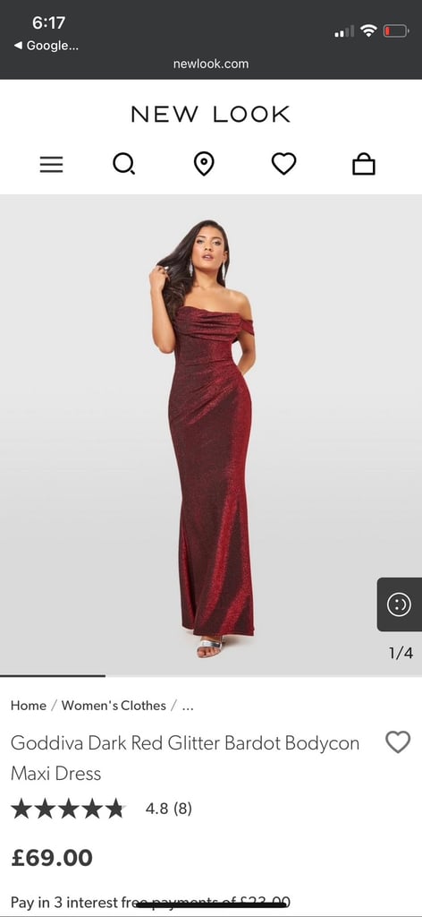 Goddiva/newlook Dark Red Glitter Bardot Bodycon Maxi Dress uk 16