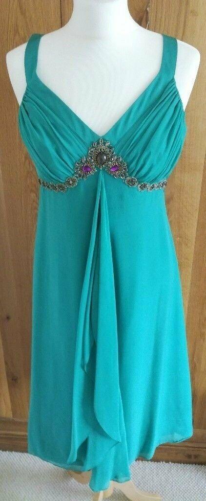 MONSOON DRESS Pure Silk 100% Boho Jade Turquoise Green Gold Bead Design Size 10 Wedding