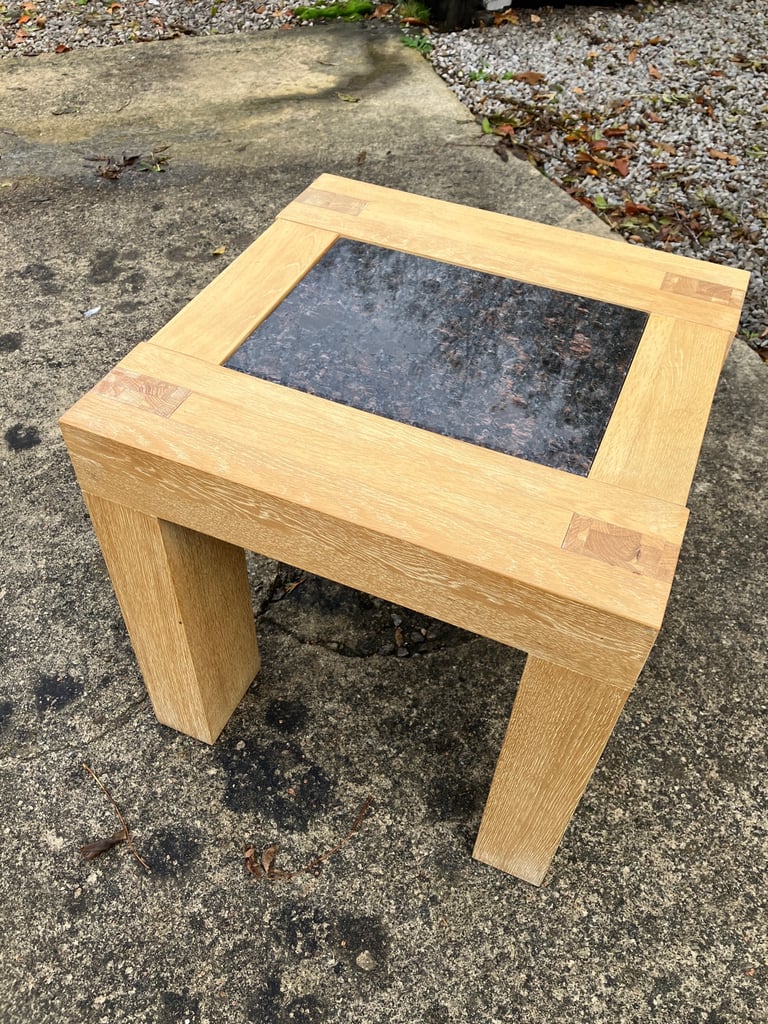 image for BEAUTIFUL CHUNKY SOLID OAK WOODEN COFFEE TABLE WITH INLAID MARBLE TOP
