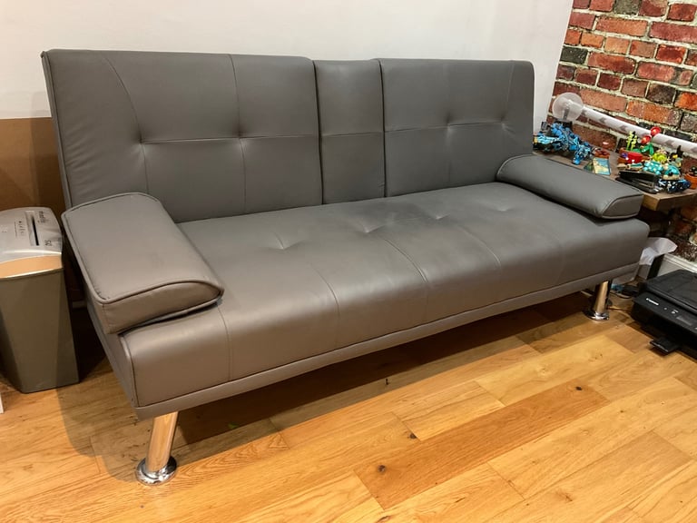 Faux Leather Folding Sofa Bed With Cup Holders Cinema Style (Grey)