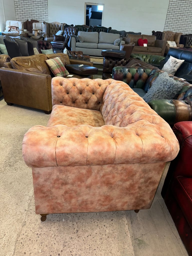 Chesterfield brown leather unique two seater sofa with footstool