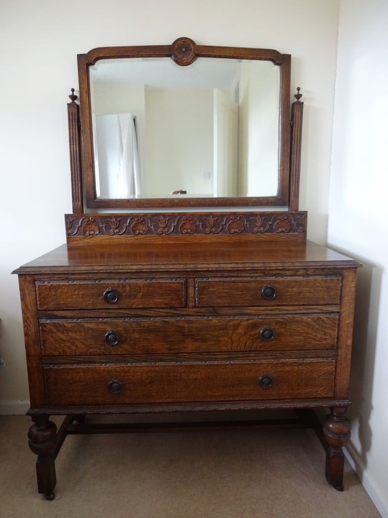 ANTIQUE OAK DRESSING TABLE & CARVED UPSTAND WITH REMOVEABLE MIRROR