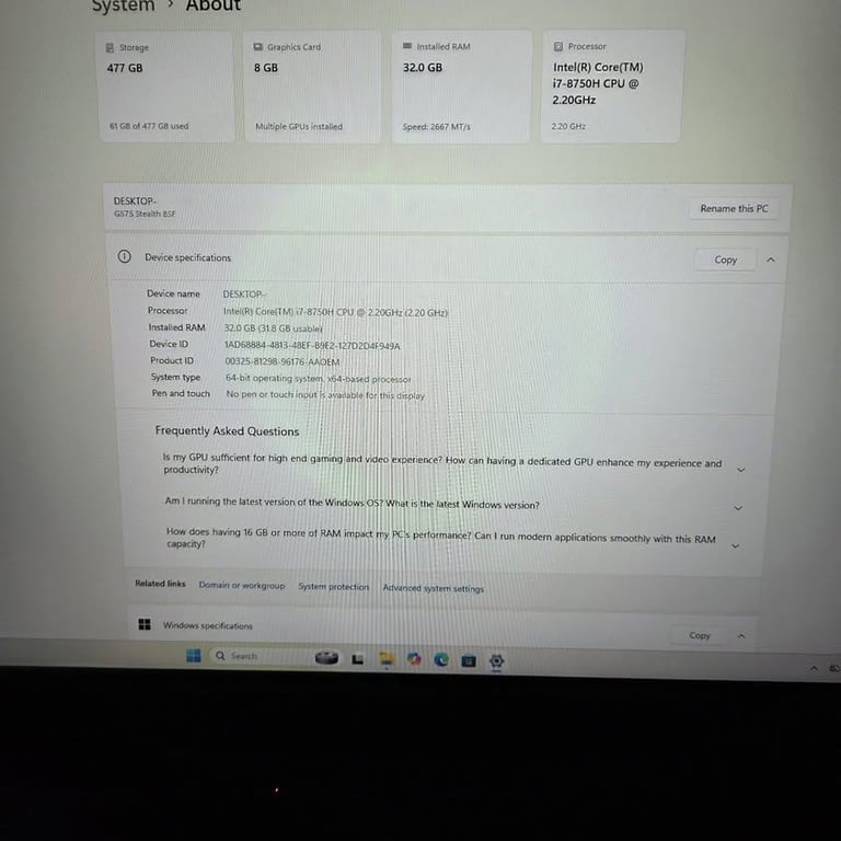 MSI GS75 Stealth 8SF Core i7-8750H RTX 2070 MaxQ 17.3 Inch 144hz Gaming Laptop