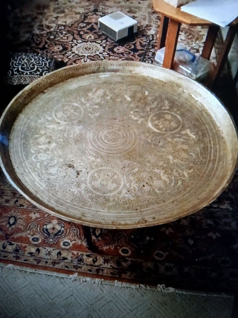 image for 19th century carved and turned occasional table with folding base. And brass top