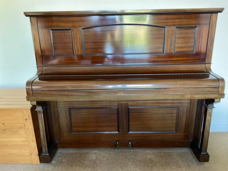 UPRIGHT OVERSTRUNG MAHOGANY PIANO WITH JOHN AUSTIN STOOL