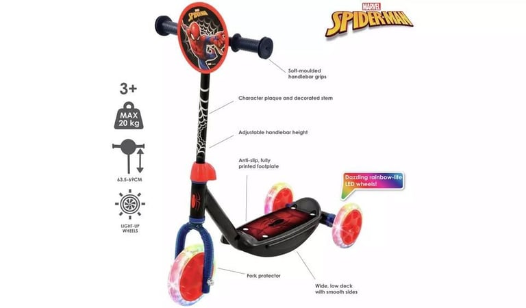 image for Spider-Man Tri-Lite 3 Wheel Scooter - one wheel doesn't light up. New #470