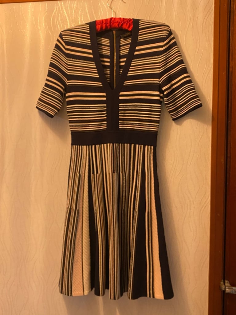 TED BAKER SPECIAL OCCASION DRESS - SIZE 1 SILVER/NAVY/WHITE/PINK