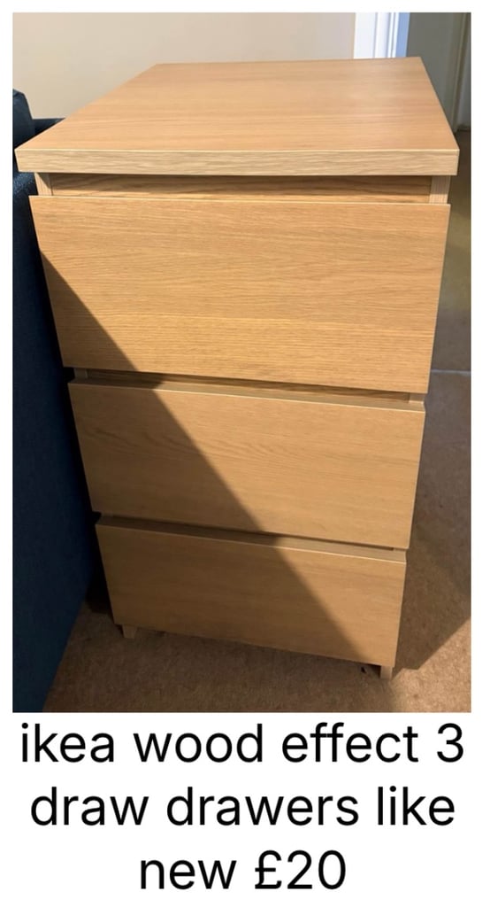 image for ikea wood effect 3 draw drawers like new £20