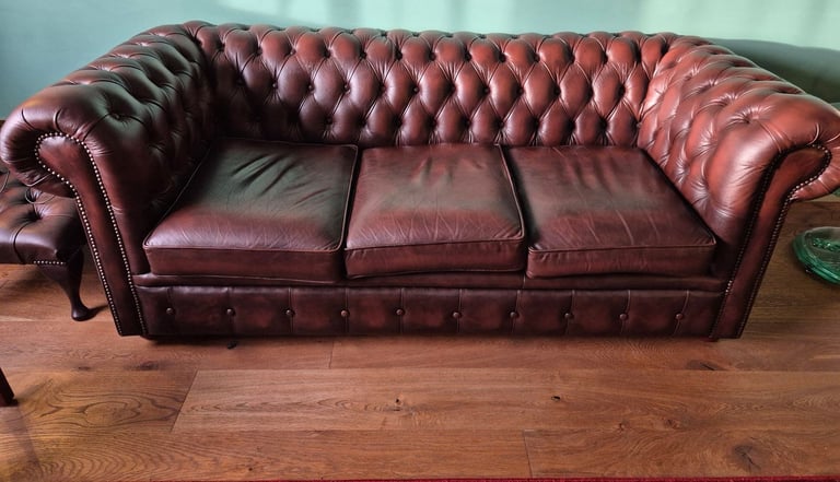 Chesterfield 3 seater sofa brown genuine leather with matching Footstool VGC