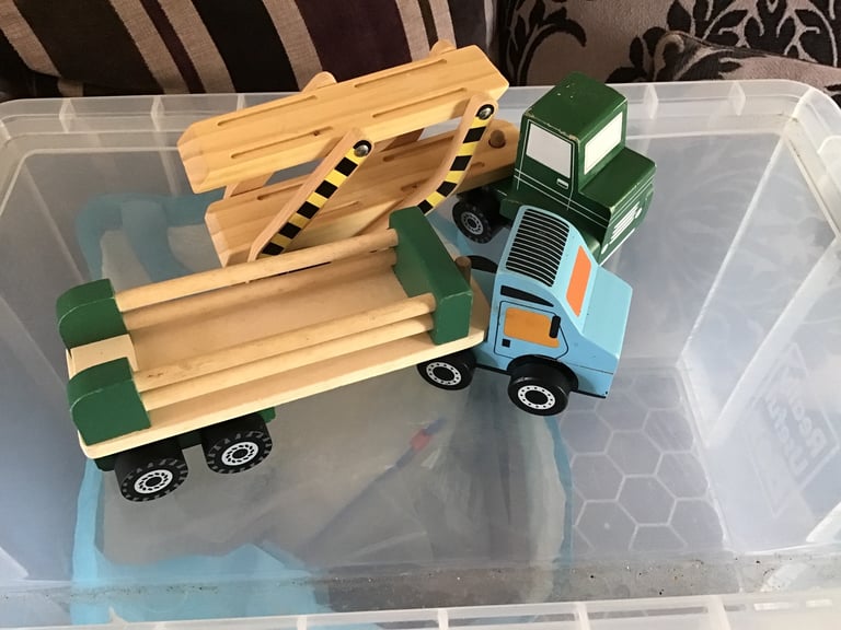 1x Little town lorry + trailer 1x early learning centre car  transporter lorry  Both wooden painted