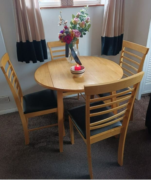 Round Asian Oak Drop Leaf Table & 4 Chairs FREE DELIVERY 6667 in