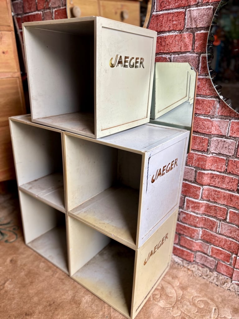 5 Vintage JAEGER plastic stacking shop display boxes/crates./storage