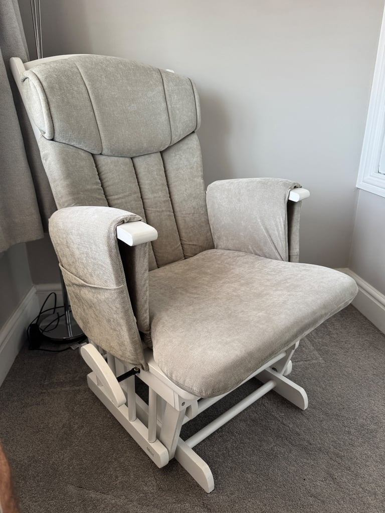 KUB - CHATSWORTH GLIDER NURSING CHAIR & STOOL (White wood with Grey upholstery)