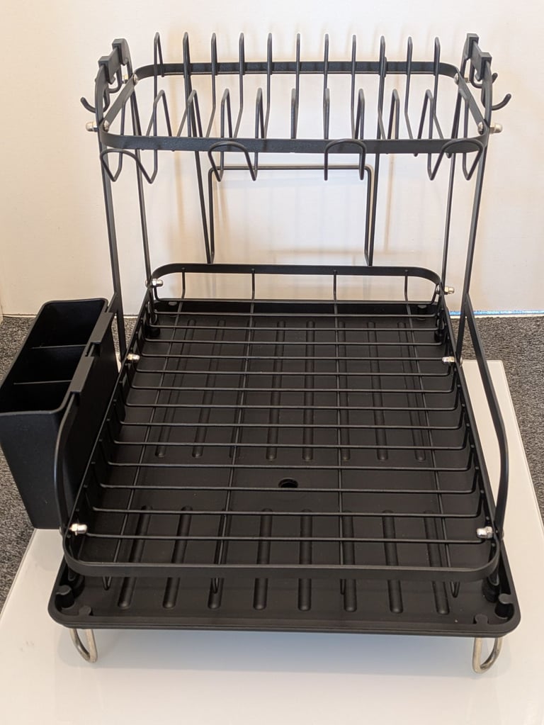 2 tier dis drainer, large kitchen dish rack with utensil + cup holder 