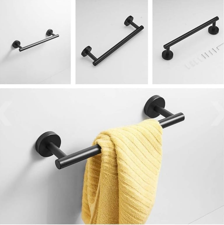Black Bathroom Accessories Towel Rail Robe Hook Toilet Roll Holder, 3-Piece Set