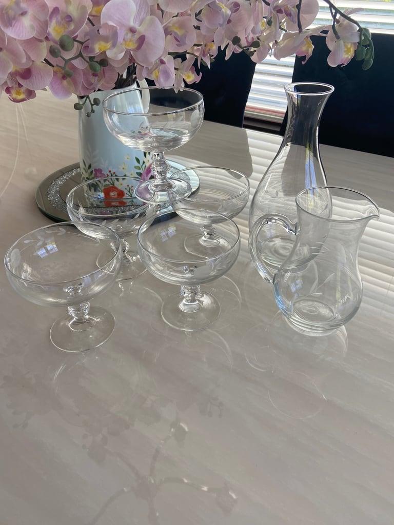 image for Etched Glass Wine Carafe, Jug & Glasses - (7 Pieces) 
