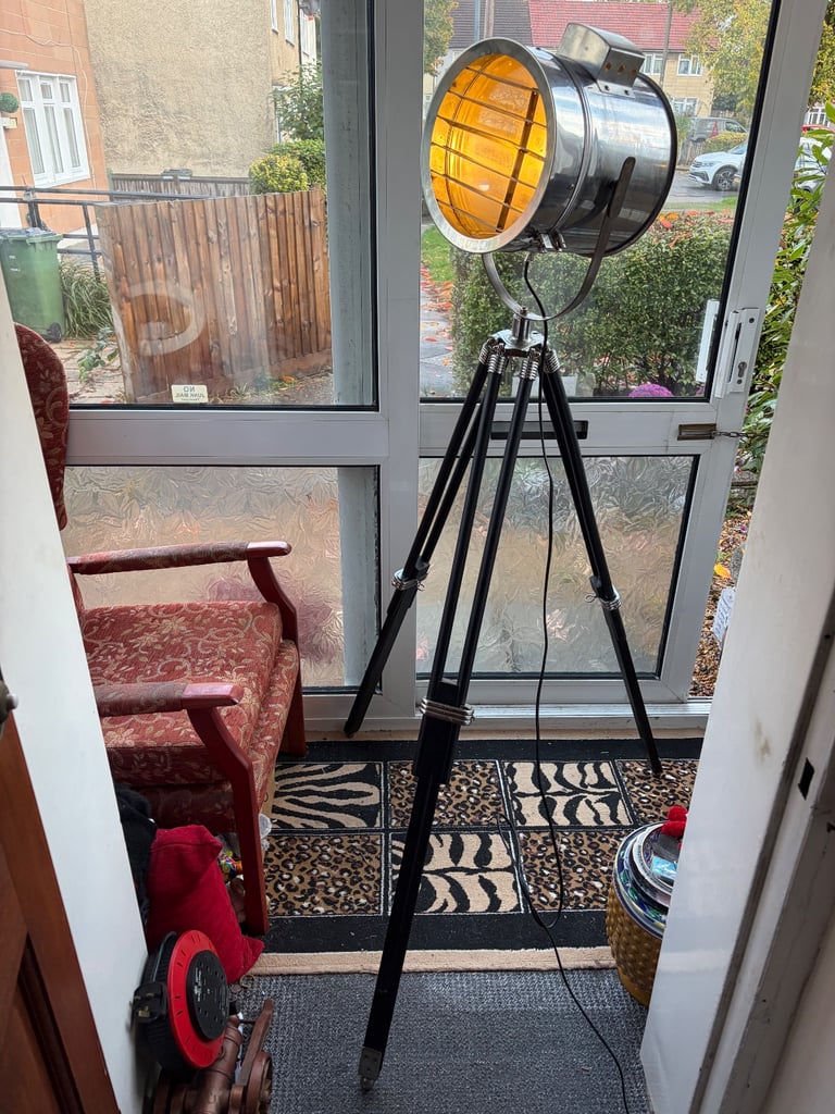 image for Industrial crome floor lamp with tripod legs 