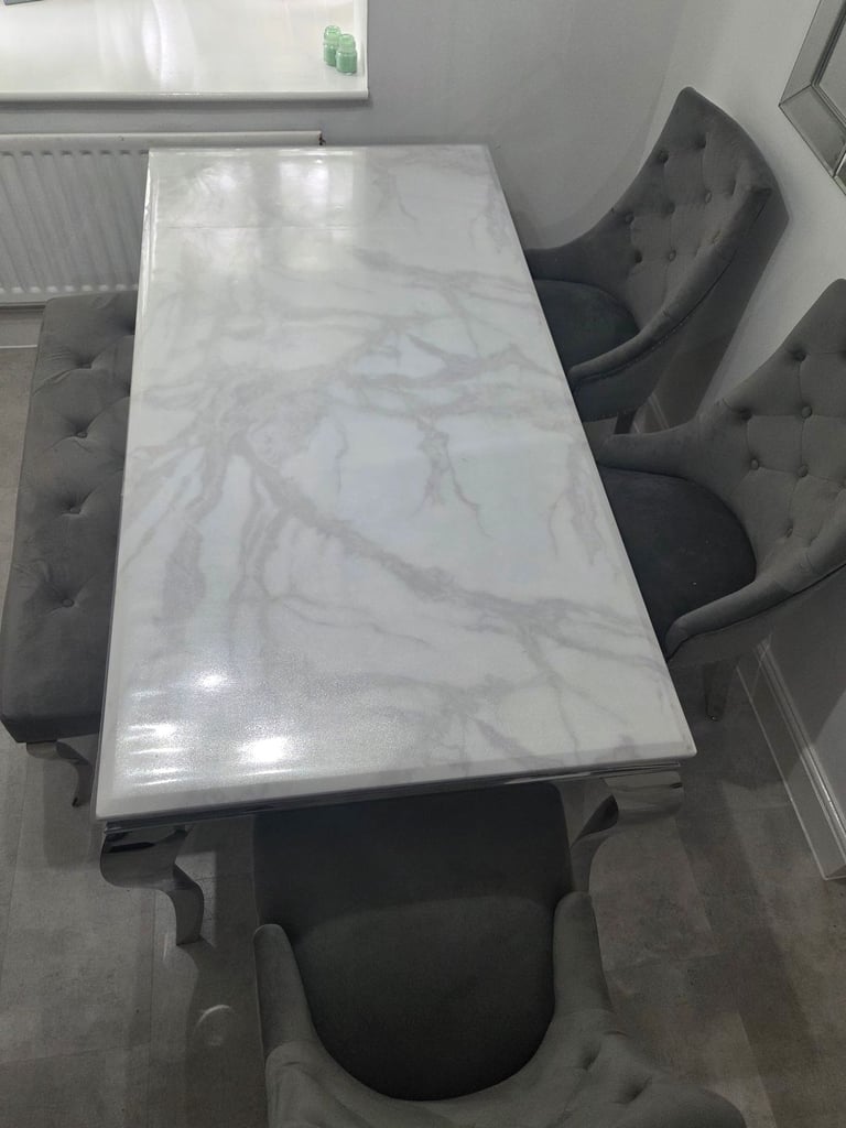 Louis Marble Dining Table + 4 Lion Knocker Chairs + Bench
