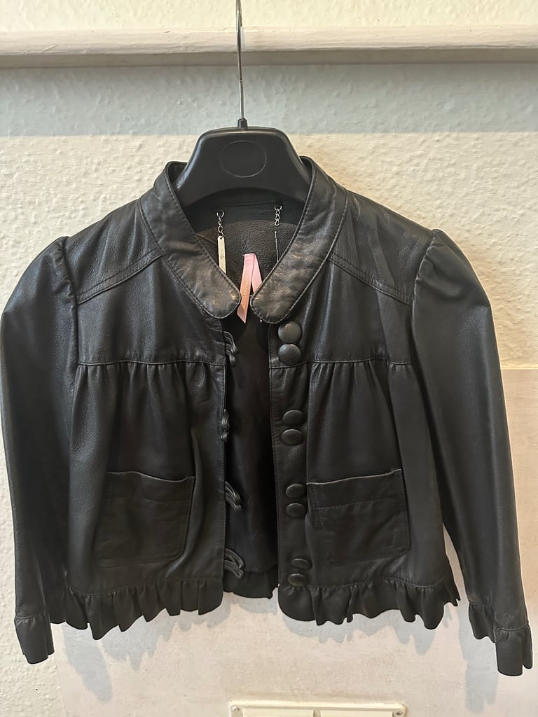 image for Black Leather Jacket with Ruffle Detail