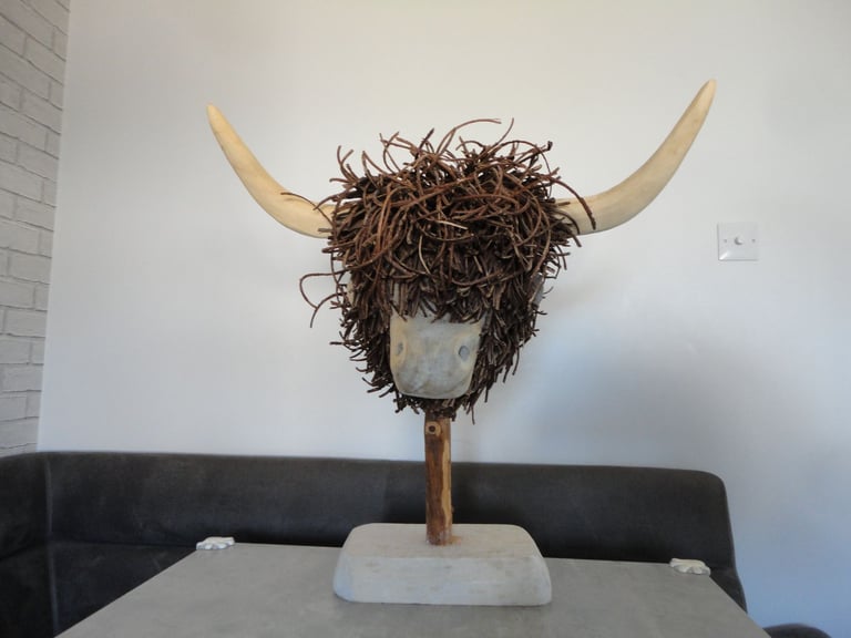 voyage maison wooden highland cow sculpture on stand 65 x 64 cms 