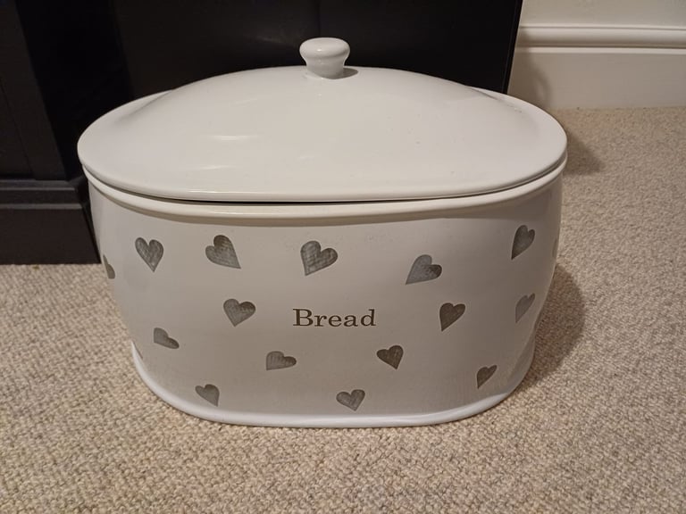 Stoneware White Heart Design Bread Bin 