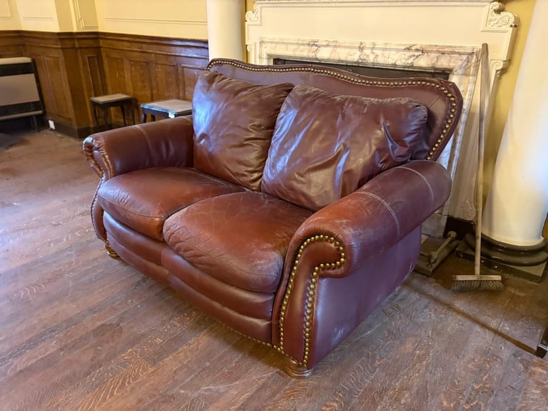 Vintage Dark Red Leather Chesterfield-Style Sofa