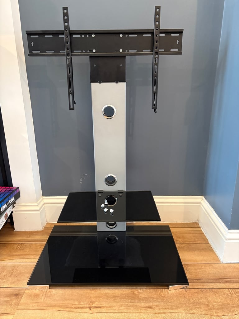 Pedestal TV stand - silver metal and black glass