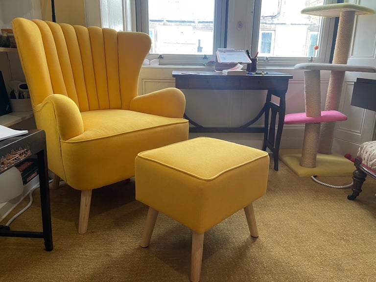 image for Curved Yellow Armchair with matching Stool 