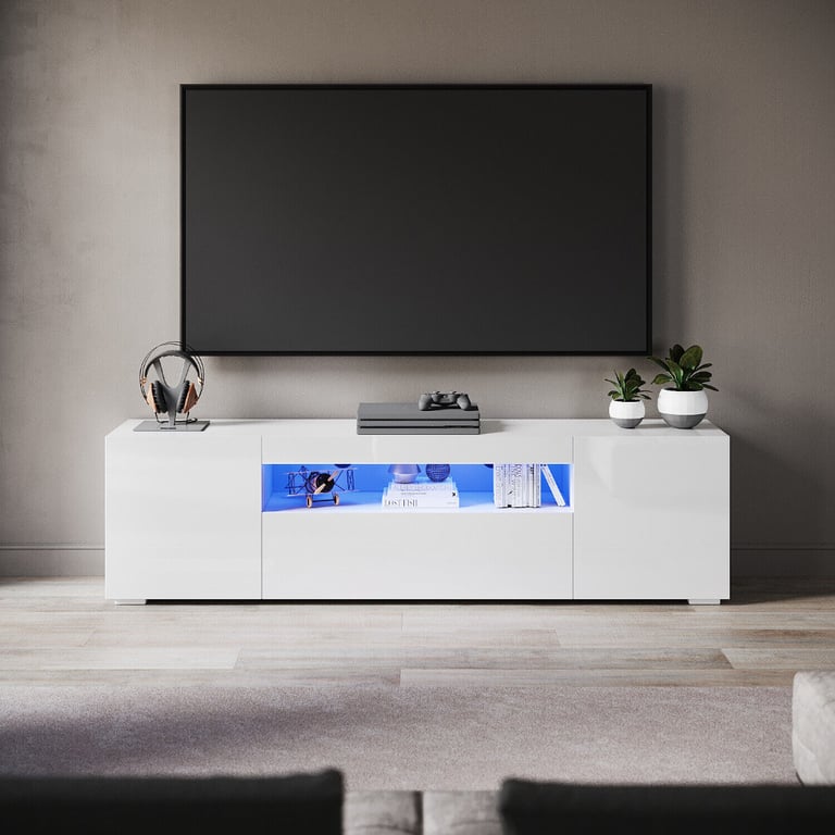 image for New White TV Stand Cabinet + RGB Led Lights 180cm RRP £180 Our Price £135