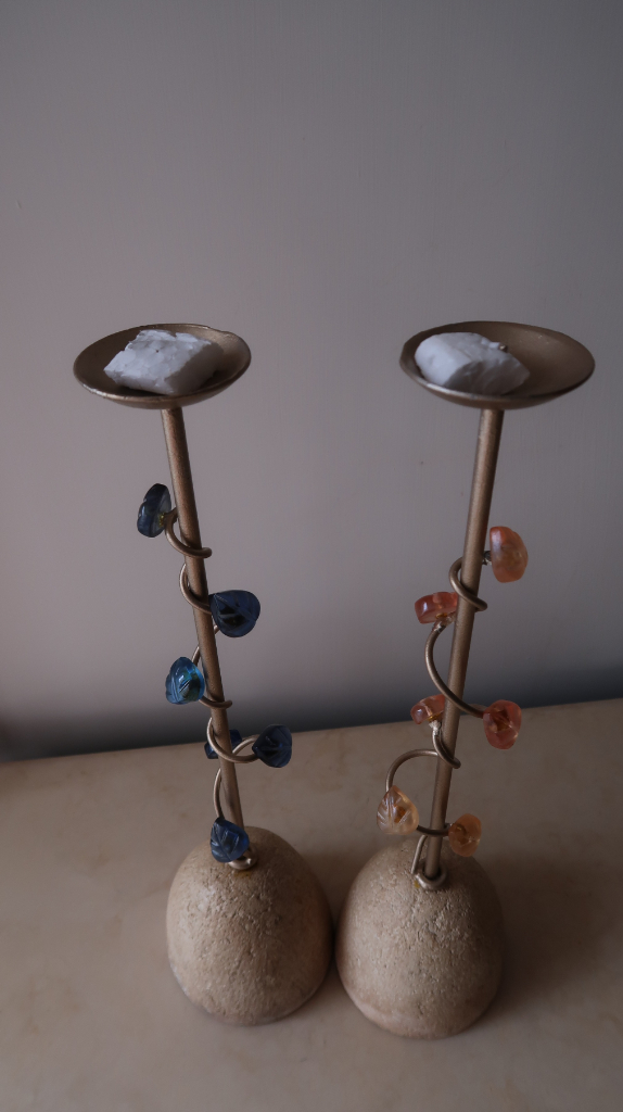 Candle holder, brand new, orangish pink and light blue resin leaves as decorations