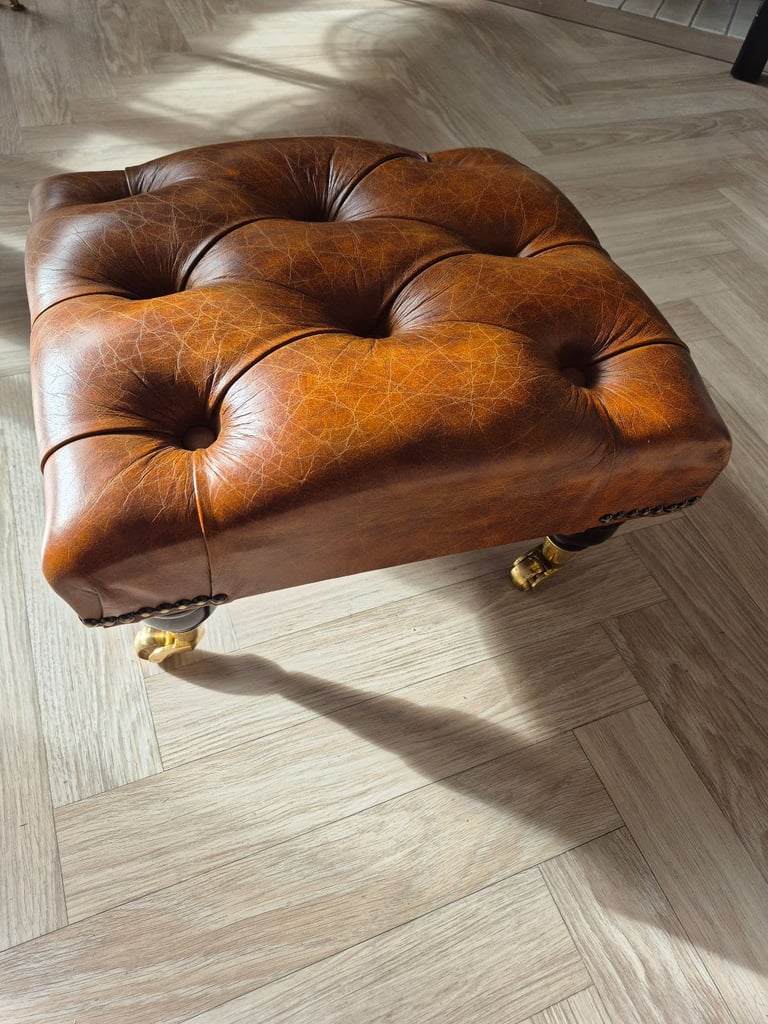 Chesterfield Footstool 100% Vintage Brown Leather Walnut Wood Legs Gold Castors
