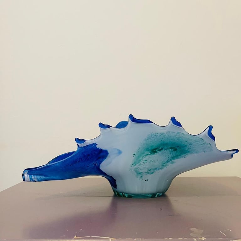 Vintage 1970s Murano Glass Centerpiece Shell Bowl Beautiful Blue 