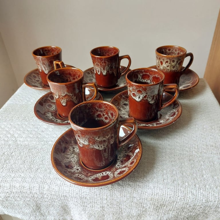 Six Vintage Cornwall Kernewek Pottery Cups And Saucers 