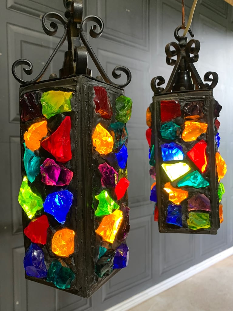 SOLD Pair of Vintage Mid Century Peter Marsh Leaded Rock Glass & Wrought Iron Lantern Lamps 50s 70s