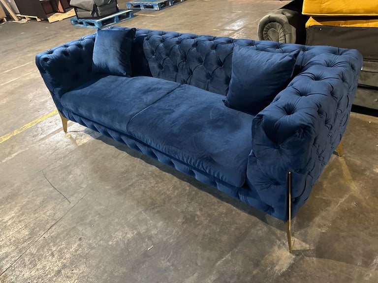 3/1 blue plush velvet chesterfield button sofa set
