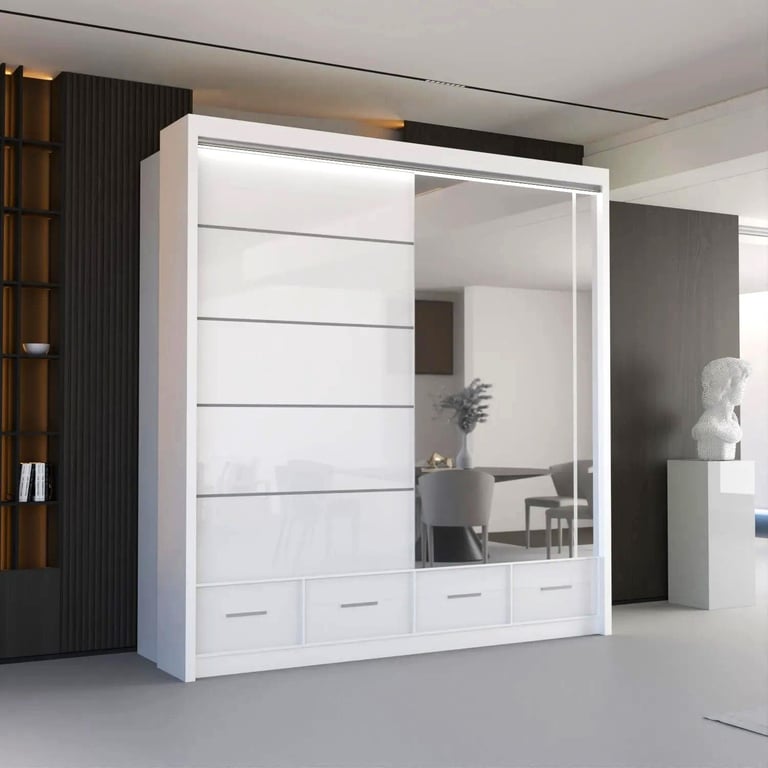 ⚡🌟Brand New High Gloss 2 or 3 Doors Sliding Wardrobe with Mirrors, Drawers, LED Light included