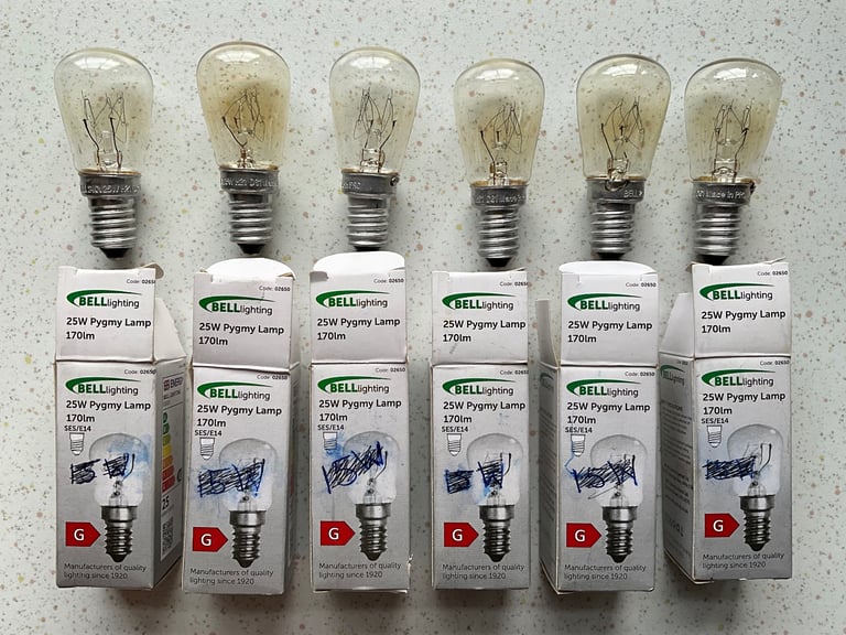 6 Bell Tungsten Filament Pygmy Lamps Bulbs 25W Clear SES-E14 Small Edison Screw -Used