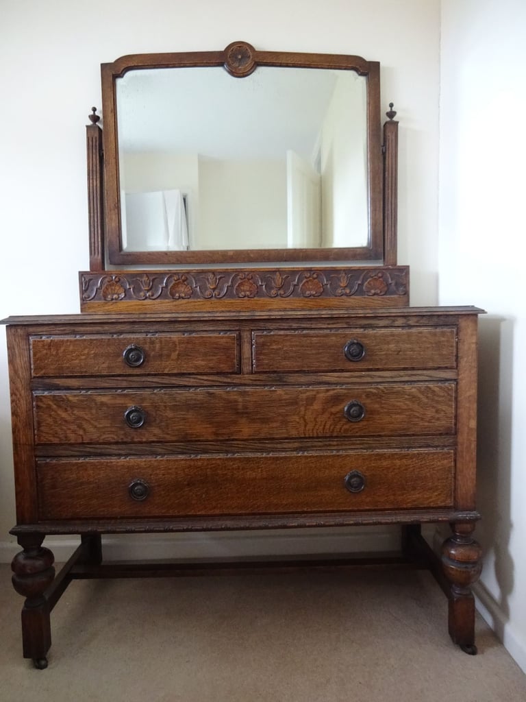 ANTIQUE OAK DRESSING TABLE & CARVED UPSTAND WITH REMOVEABLE MIRROR