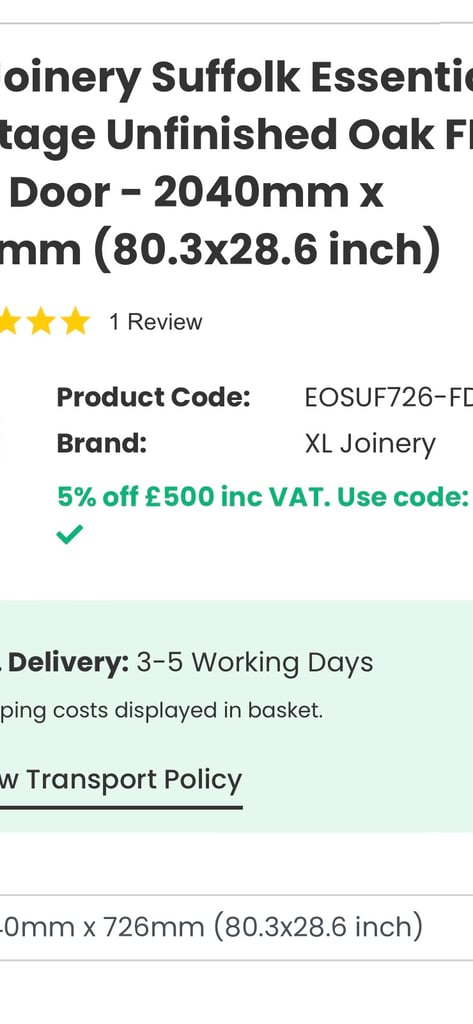 Cottage Unfinished Oak FD30 Fire Door - 2040mm x 726mm