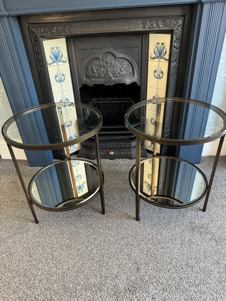 Pair bedside tables swoon metal mirror glass antique gold side tables 